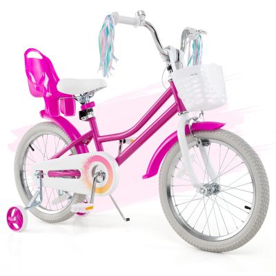 HONEY JOY Kids Bike, 12 14 16 18 Inch Girls Bike w/Training Wheels, Doll Seat, Streamers, Handbrake & Coaster Brake, Fully Enclosed Chain, Princess Style Children Bike (18 Inch with Kickstand, Pink)