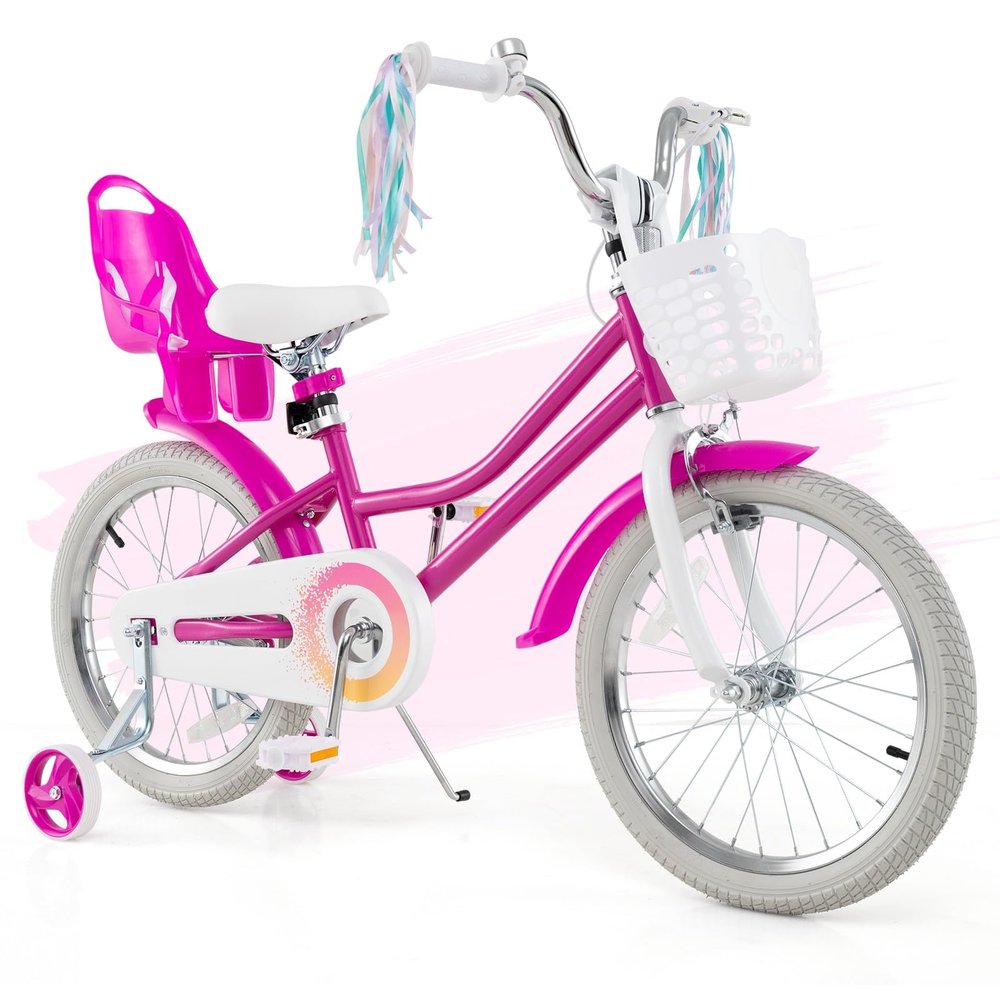 HONEY JOY Kids Bike, 12 14 16 18 Inch Girls Bike w/Training Wheels, Doll Seat, Streamers, Handbrake & Coaster Brake, Fully Enclosed Chain, Princess Style Children Bike (18 Inch with Kickstand, Pink)