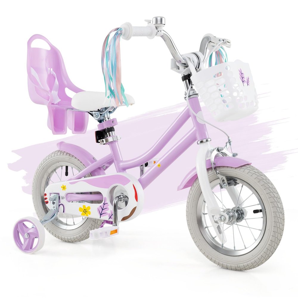 HONEY JOY Kids Bike, 12 14 16 18 Inch Girls Bike w/Training Wheels, Doll Seat, Streamers, Handbrake & Coaster Brake, Fully Enclosed Chain, Princess Style Children Bike (12 Inch, Purple)