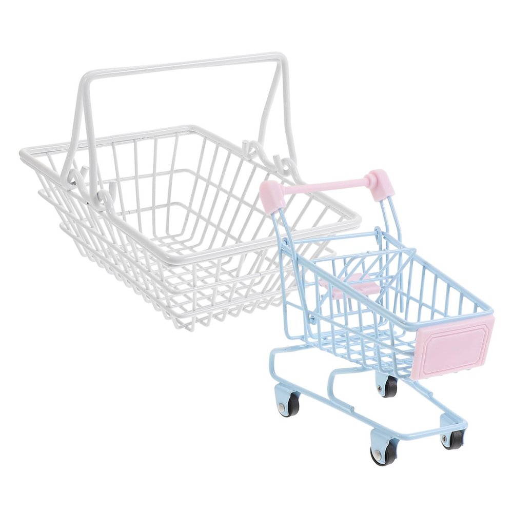 HOLIDYOYO Space-saving Mini Shopping Cart 2pcs Desktop Snack Basket Handle for Fried Food Fruits Vegetables Bread Candy Random