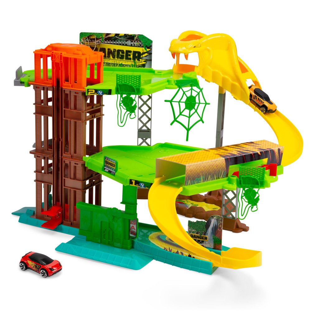 Dickie Toys - Jungle Garage Car Race Track (50 x 55 x 32 cm) with Metal Toy Car - Parking Garage on 3 Floors with Lift and Tunnel, Toy Highway for Children from 3 Years