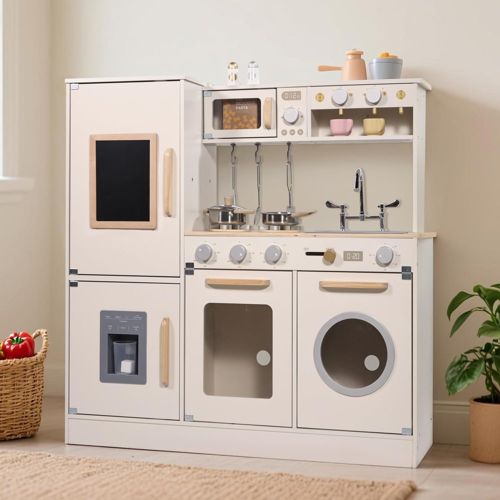 Pithfor Wooden Kitchen Playset for Kids Toddler, Pretend Play Kitchen Set Toy for Girls and Boys, with Kitchen Accessories