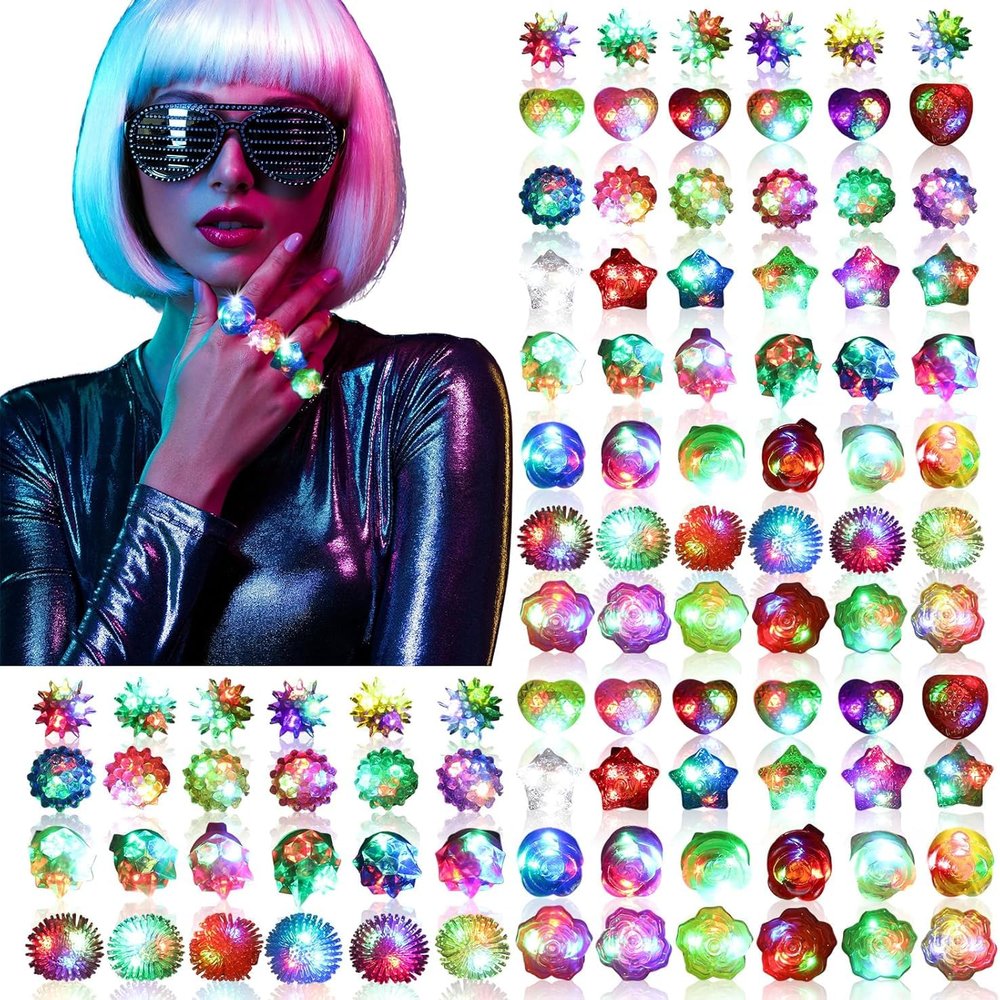 NUDALA 100 Pack Light Up Rings, Glow in The Dark Party Favors, 8 Style Flashing LED Jelly Finger Rings for Concert, Goodie Bag Fillers, Classroom Prizes,Raves, Halloween