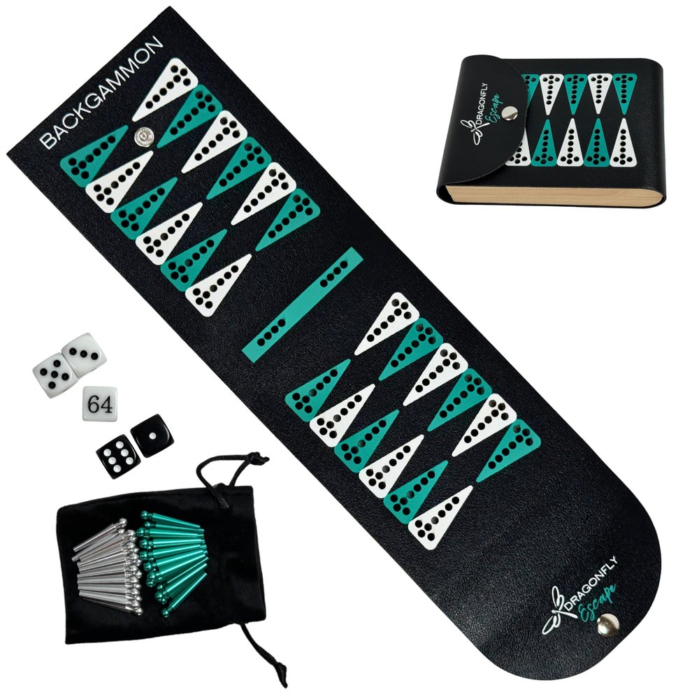 Dragonfly Escape Folding Travel Backgammon Set | Pocket Backgammon Game  Folding PU Leather Board with Pegs, Dice, Doubling Cube & Drawstring Bag  Great for Flights, Beach, Camping