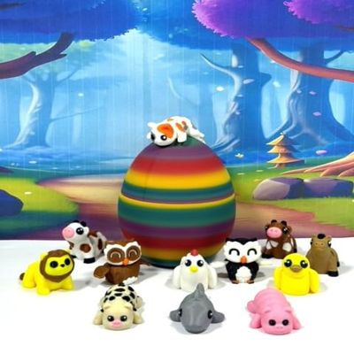 12pcs 3D Printed Articulated Mini Animals with Egg, Colorful Fidget Farm Animal, Zoo Animal Figures, Birthday Party Decorations MA003-SET-RBW2