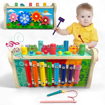Montessori Wooden Hammering Toy 6-in-1 Xylophone, Pound Bench, Shape Sorter & Learning Tool for Toddlers | Educational Musical Toy for Boys & Girls Ages 15 | Develops Motor Skills & Sensory Play