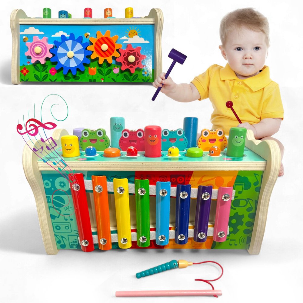 Montessori Wooden Hammering Toy 6-in-1 Xylophone, Pound Bench, Shape Sorter & Learning Tool for Toddlers | Educational Musical Toy for Boys & Girls Ages 15 | Develops Motor Skills & Sensory Play