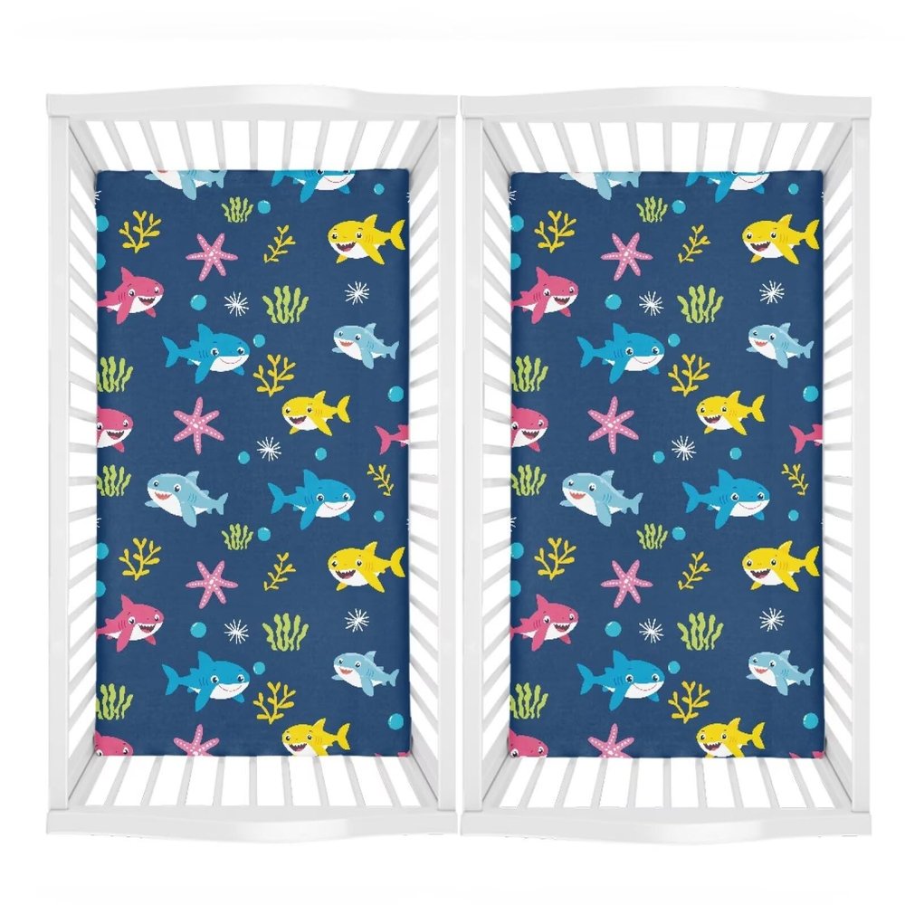 Uorisanigo Crib Sheets for Boys 2 Pcs Toddler Bed Sheets Soft 28 x 52 Mattress Protector Cartoon Shark Bassinet Sheets Rectangle Neutral Crib Sheets