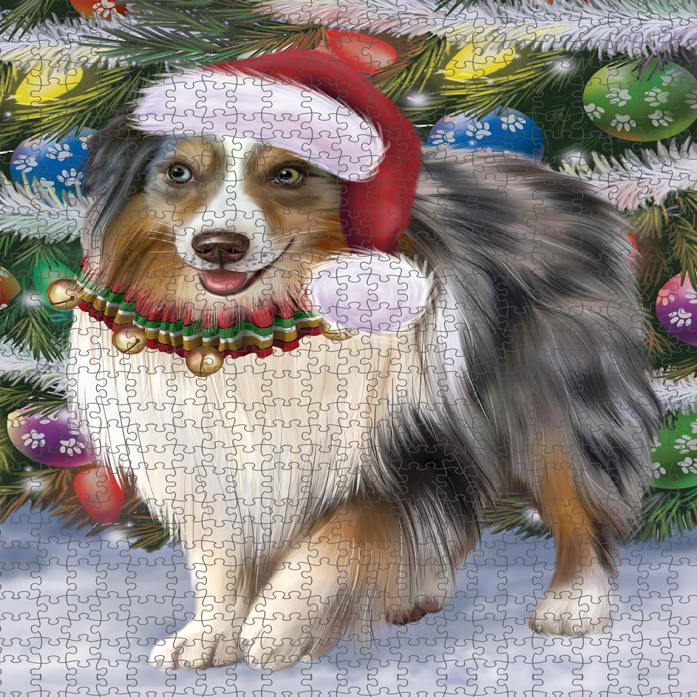 Christmas Trotting in The Snow Australian Shepherd Dog Jigsaw Puzzle for Adults - Animal Printed Interlocking Puzzle Game Artwork - Gift for Dog Lover's - 500 Pcs 20.5"x15"