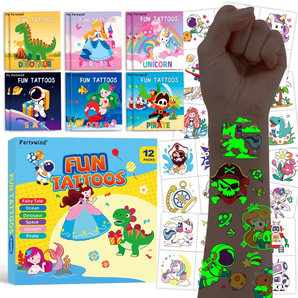 288 PCS Glow Temporary Tattoos for Kids, 12 Pack Party Favors with Luminous Tattoos & 24 Maze Games, Mixed Tattoo Styles for Boys and Girls, Kids Birthday Goodie Bag Stuffers