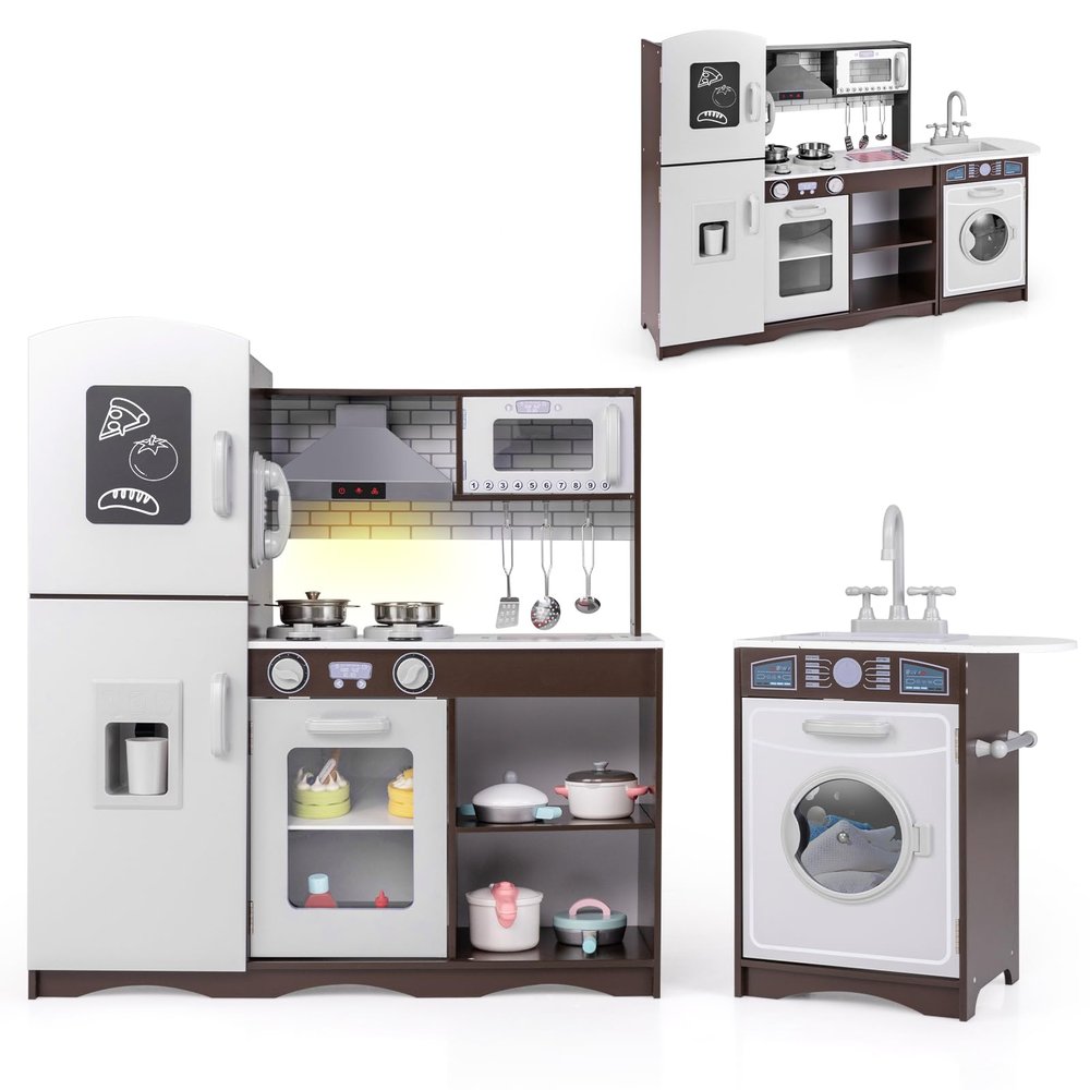GLACER Kids Kitchen Playset, Toddler Pretend Toy Kitchen Set w/Realistic Lights & Sounds, Stoves, Ice Maker, Water Sink, Oven, Microwave, Washing Machine & Phone, Ideal Gift for Kids 3+ Years Old