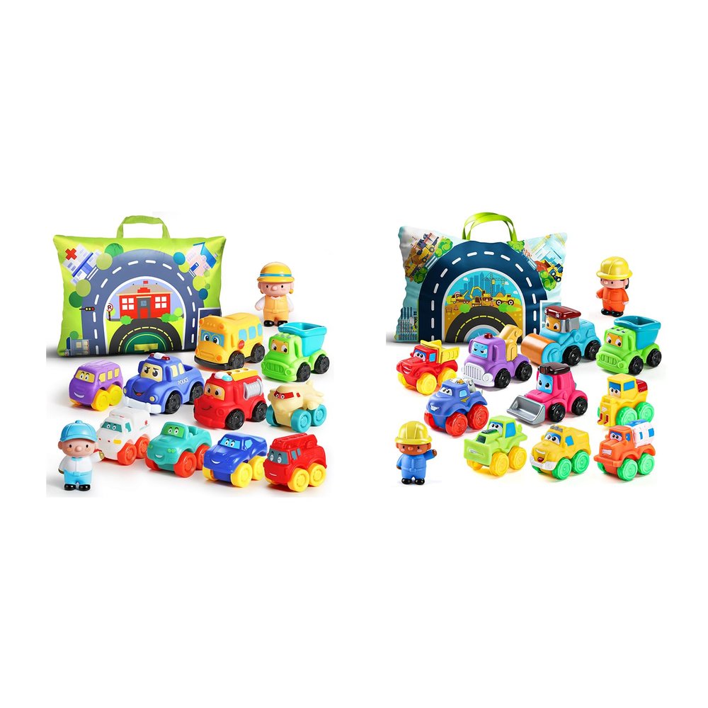 ALASOU 24 PCS Soft Rubber Car Toys with Playmat/Storage Bag for Infant and Toddlers