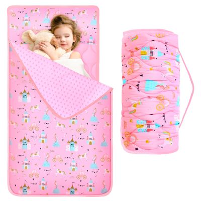 Oudain Nap Mat for Preschool Toddler Nap Mat with Removable Pillow and Blanket 55'' x 29'' Extra Large Sleeping Bag Roll up Kid Slumber Bag for Boy Girl for Kindergarten Daycare Camp(Pink,Princess)