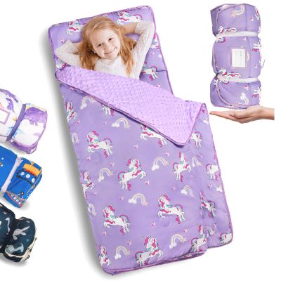 Primlect Thick Toddler Nap Mat with Removable Pillow and Minky Blanket, 45" x 35" Sleeping Bag, Fits Kids 2436 inch, Washable, Portable for Daycare, Boys and Girls (Purple)