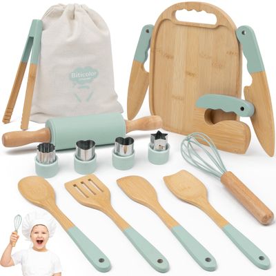 Wooden Kids Cooking Set Montessori Kit - Real Toddler Kitchen Tools & Baking Utensils - 15PCS Cooking Kit for Kids with Storage Bag, Great Gift for Pretend Play & Montessori Learning (Green)