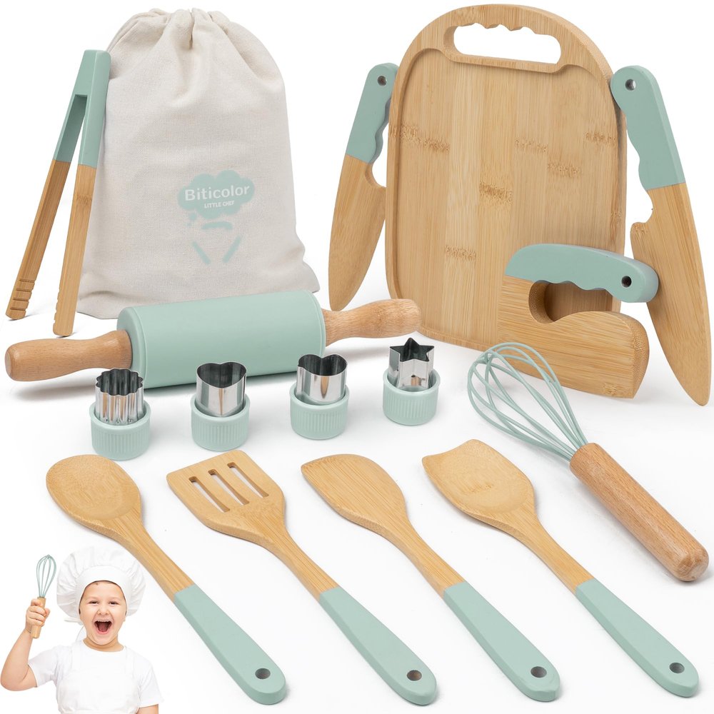 Wooden Kids Cooking Set Montessori Kit - Real Toddler Kitchen Tools & Baking Utensils - 15PCS Cooking Kit for Kids with Storage Bag, Great Gift for Pretend Play & Montessori Learning (Green)