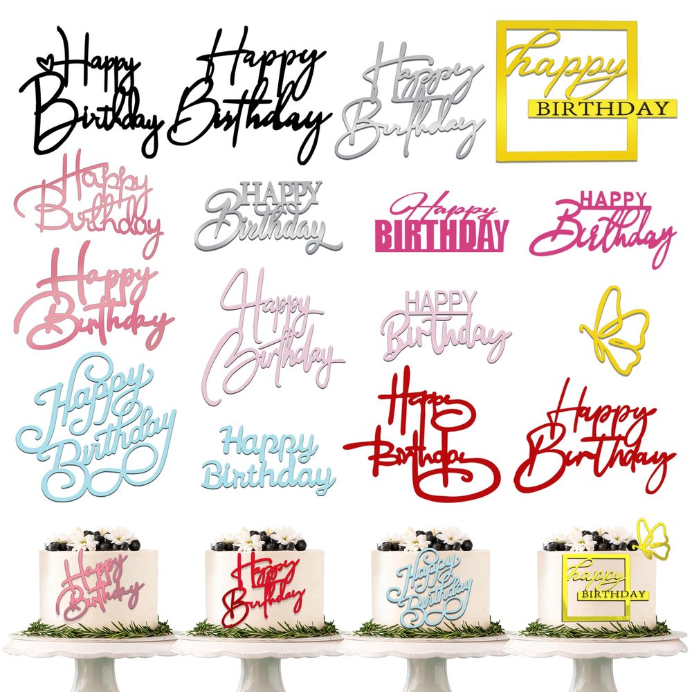 15 PCS Happy Birthday Cake Toppers Acrylic Mirror Inserts for Cakes Cupcakes Desserts 15 Styles 8 Colors