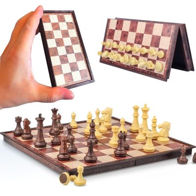 Magnetic Travel Chess Set - Folding Chess Board with Storage Box, Portable Wooden Style Chess Game Set for Adults & Kids, 5.11 Inch Compact Size for Car Backpack
