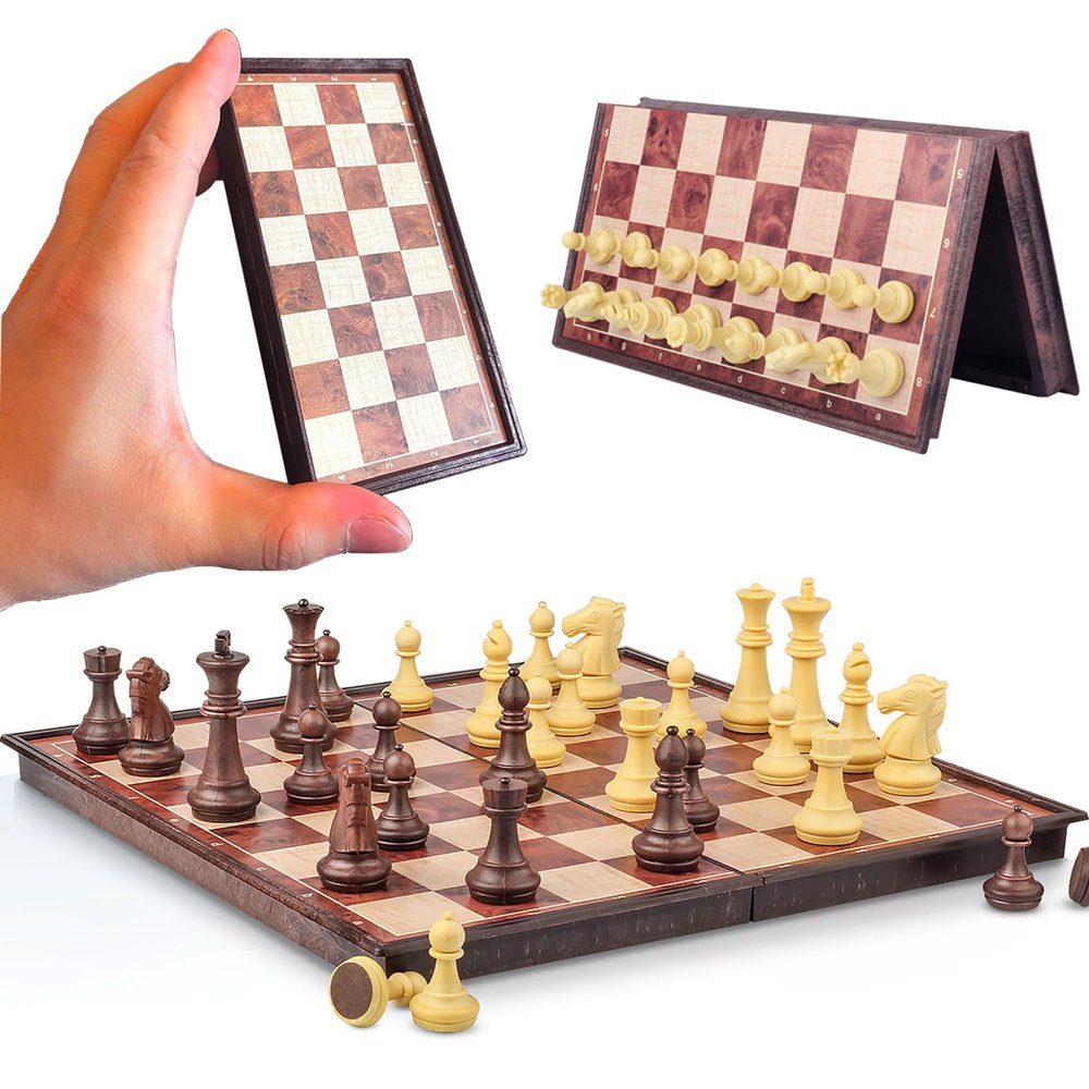 Magnetic Travel Chess Set - Folding Chess Board with Storage Box, Portable Wooden Style Chess Game Set for Adults & Kids, 5.11 Inch Compact Size for Car Backpack