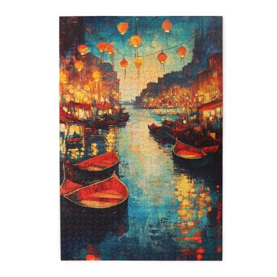 MA6GE8DE 1000 Piece Puzzle for Adults Port Town at Night,Classic Oil Painting Styles Wooden Puzzles,Puzzles Suitable for Entertaining with Family During Holidays,Unique and Beautiful Design