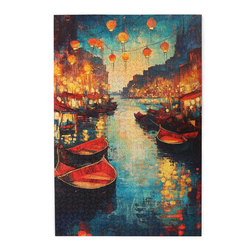 MA6GE8DE 1000 Piece Puzzle for Adults Port Town at Night,Classic Oil Painting Styles Wooden Puzzles,Puzzles Suitable for Entertaining with Family During Holidays,Unique and Beautiful Design