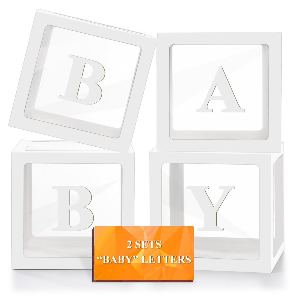 Ledido Baby Boxes with Letters for Baby Shower Decorations, 4 pcs Clear Baby Balloon Boxes Blocks for Baby Shower Decor with Letters for Boy Girl Gender Reveal Decorations Backdrop Party (White)