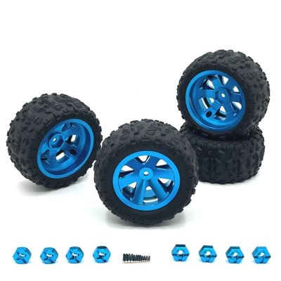 4PCS 12mm Upgrade Metal Tires+Upgrade Connector for SCY 16101 PRO 16102 PRO Upgrade 1/16 RC Monster Truck Wheel Parts(Blue)