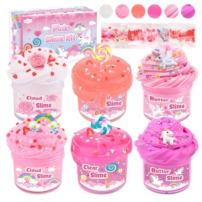 6 Packs Pink Slime Kit, Butter, Clear&Cloud Slime with Cute Lollipop, Flower, Unicorns, Rainbow Charms, Slime Sets for Party Kits, Candy Bag Fillers, Birthday Gifts