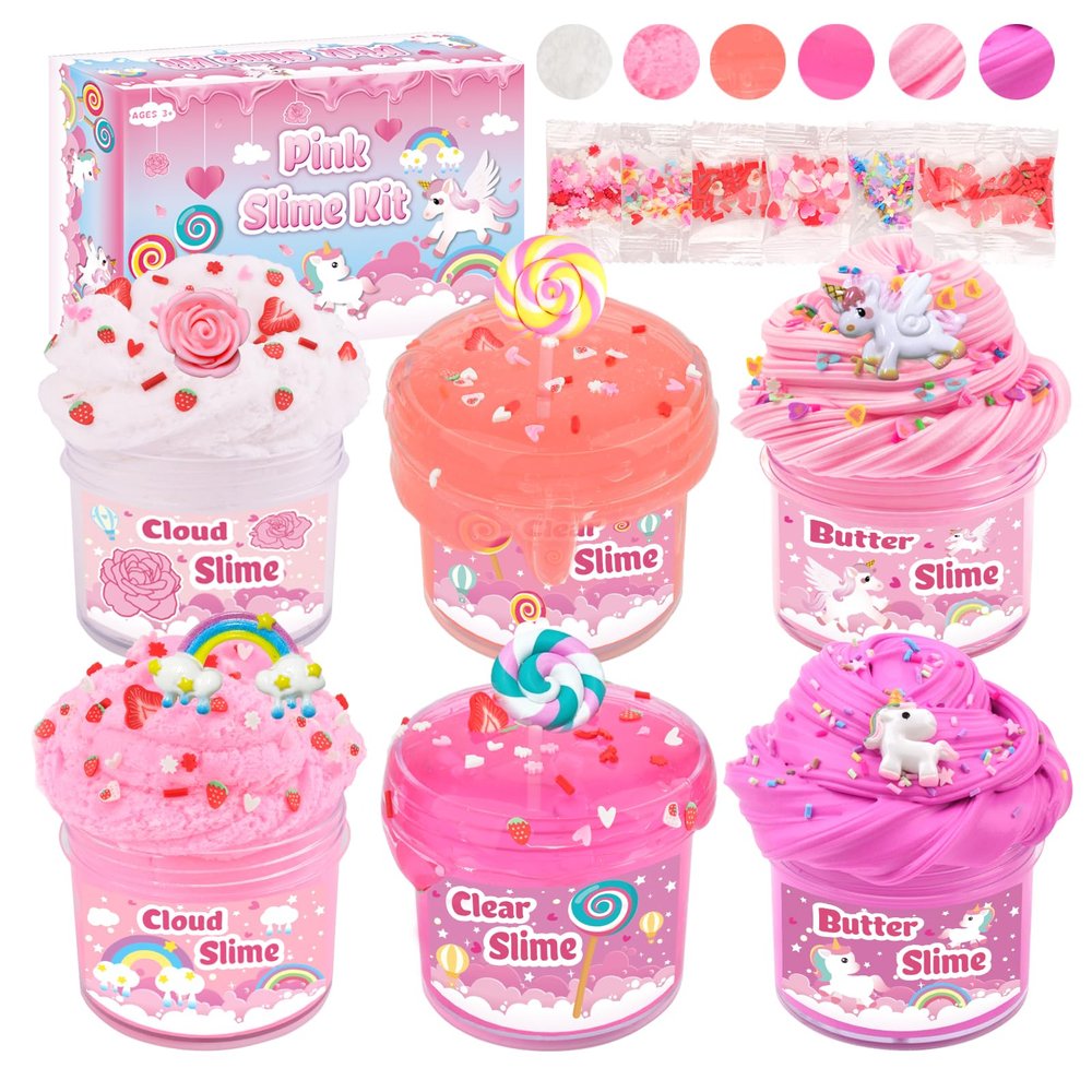 6 Packs Pink Slime Kit, Butter, Clear&Cloud Slime with Cute Lollipop, Flower, Unicorns, Rainbow Charms, Slime Sets for Party Kits, Candy Bag Fillers, Birthday Gifts