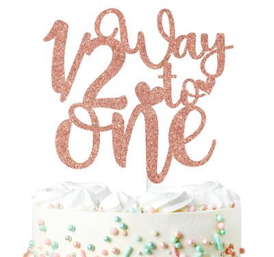 1/2 Way to One Cake Topper, Half Birthday Decor, Happy 6 Months Birthday Baby Shower Party Decorations Supplies for Kids Girls, Rose Gold Glitter