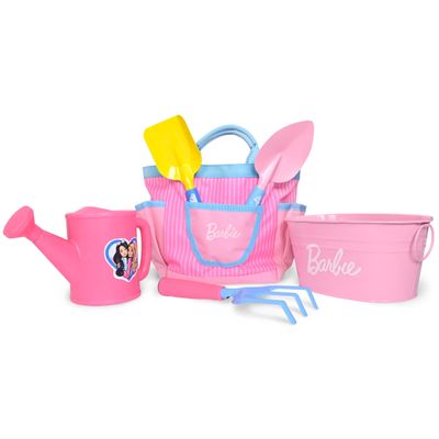 Barbie Garden Set  Real Gardening Tools for Kids with Watering Can, Metal Tools, Flower Pot and Storage Bag  Pink Tool Playset for Outdoors, 6 Pieces