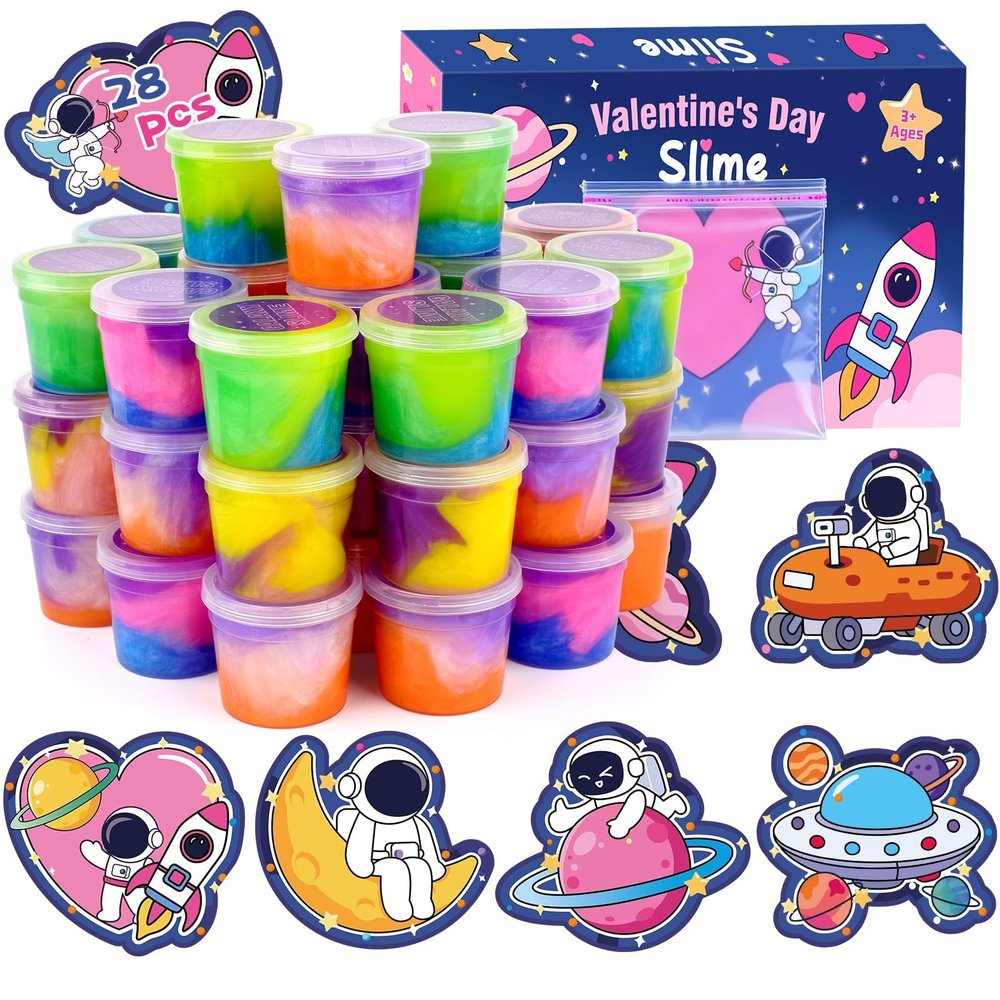 28 PCS Valentine Gift Greeting Card with Slime, Galaxy Slime Stress Relief Fidget Toy for Kids Party Favor, Classroom Exchange Prizes, Valentines Day Milky Way Party Favors for Boys Girls