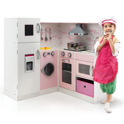 GLACER Corner Kids Kitchen Playset, Pink Wooden Play Kitchen Toy Set with Lights and Sounds, Washing Machine, Water Dispenser, Range Hood, Ice Maker, Pretend Toddler Kitchen for Girls