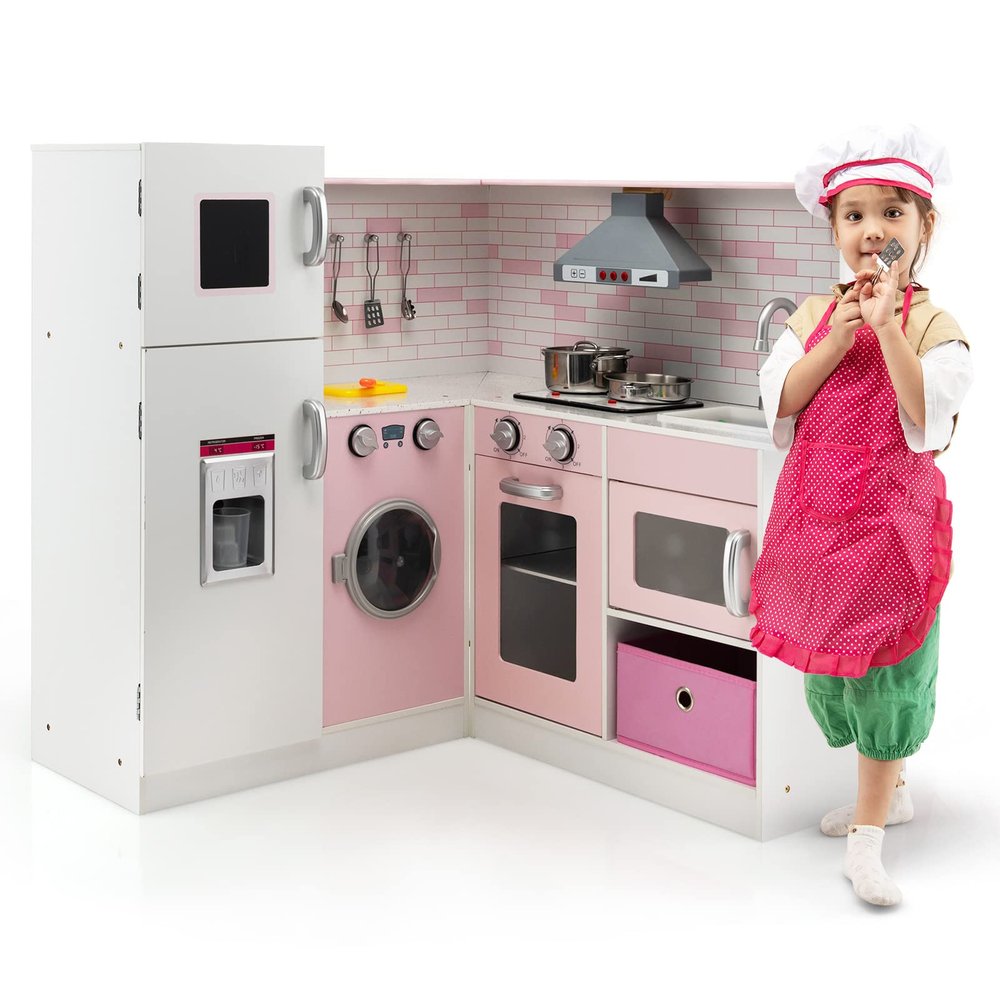 GLACER Corner Kids Kitchen Playset, Pink Wooden Play Kitchen Toy Set with Lights and Sounds, Washing Machine, Water Dispenser, Range Hood, Ice Maker, Pretend Toddler Kitchen for Girls
