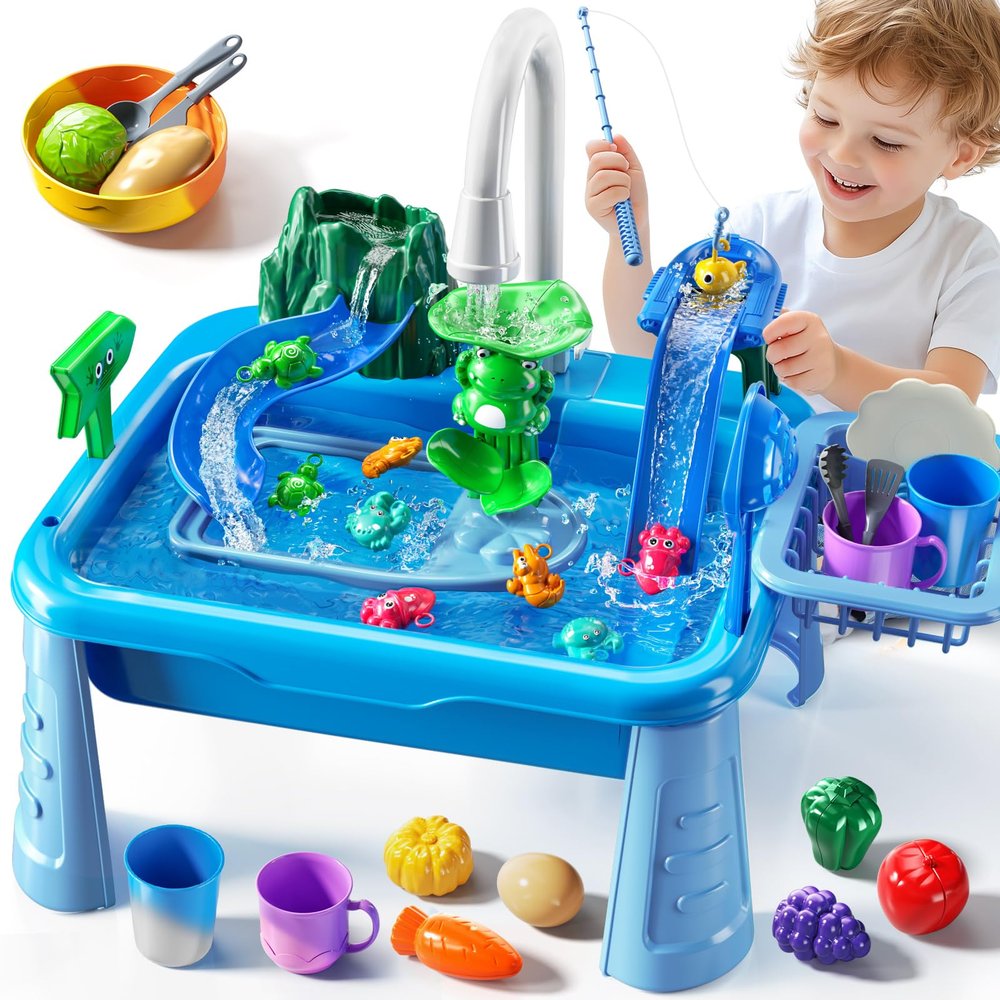 JUKUDAHU Water Table Play Sink Toy for Kids 2 3 4 5 6 Years Old - Outdoor Kitchen with Running Water, Fishing Games, Toddler Water Play Table for Kids Ages 3-8, Beach Outdoor Toys, Summer Gifts
