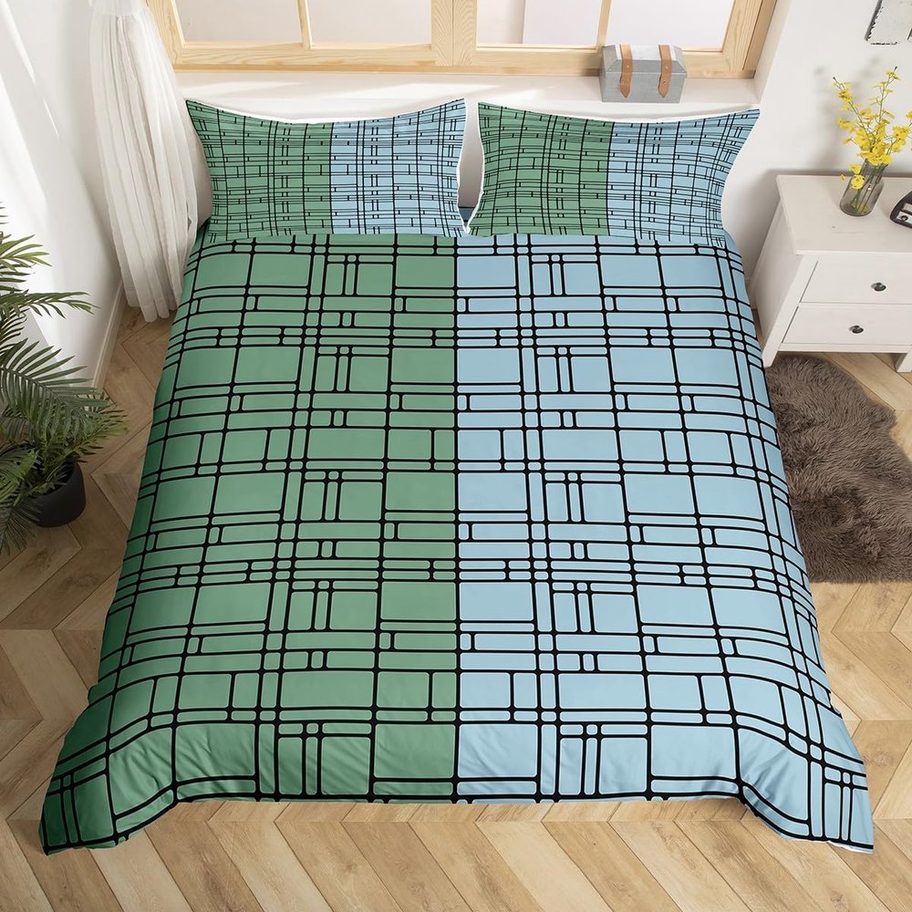 jejeloiu Green Blue Geometric Duvet Cover Toddler Size Kids Stereoscopic Square Comforter Cover for Boys Girls Teens Bedding Set Breathable Modern Minimalism Art Bedroom Decor Bedclothes