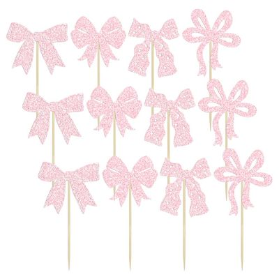 48 Pcs Pink Bow Cupcake Toppers Glitter Bow Cake Topper Bridal Shower Cupcake Picks Wedding Cup Cake Topper Sticks Cute Dessert Sticks Fancy Sandwich Toothpicks Party Appetizer Skewers Light Pink