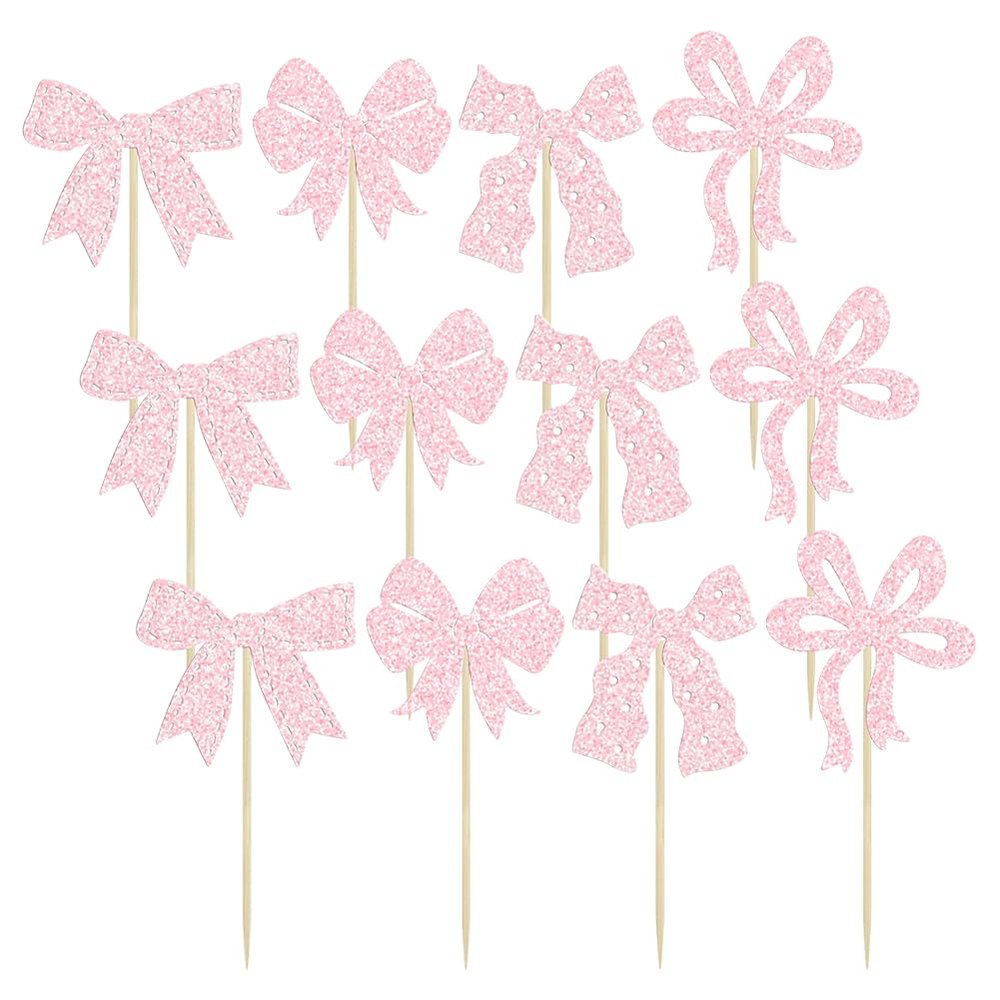 48 Pcs Pink Bow Cupcake Toppers Glitter Bow Cake Topper Bridal Shower Cupcake Picks Wedding Cup Cake Topper Sticks Cute Dessert Sticks Fancy Sandwich Toothpicks Party Appetizer Skewers Light Pink