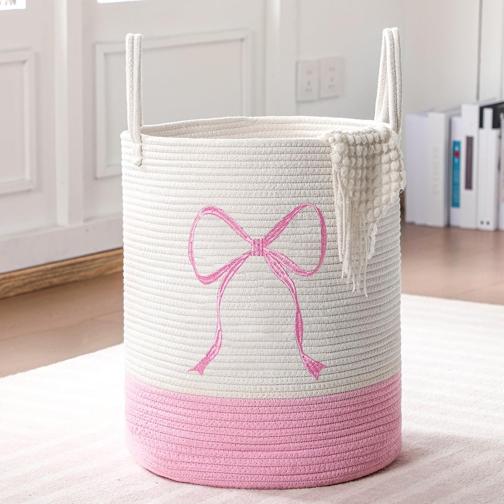 Honeydak Pink Laundry Basket Bow Hamper Coquette Laundry Basket Cotton Rope Pink Hamper 15 x 17.7 Inches Toy Box Large Coquette Bow Teens Girls Room Storage for Blanket Toys Clothes Organization