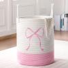 Honeydak Pink Laundry Basket Bow Hamper Coquette Laundry Basket Cotton Rope Pink Hamper 15 x 17.7 Inches Toy Box Large Coquette Bow Teens Girls Room Storage for Blanket Toys Clothes Organization view 1