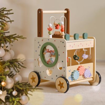 PairPear Wooden Activity Cube Push Walker, 6 in 1 Wooden Baby Walker Montessori Toys for Baby Boys & Girls 12M+, Adjustable Speed Push Cart with Brake Activity Center Toys Learning to Walk