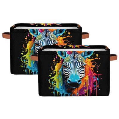 YPPAHHHH Colorful Zebra Graffiti Storage Baskets for Organizing, Fabric Collapsible Storage Bins Box Decorative Toy Organizer Baskets for Closet Shelves Gift Basket 2 Pcs