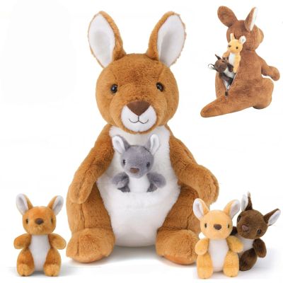 5 in 1 Kangaroo Stuffed Animal with Babies, 16'' Mommy Stuffed Kangaroo Plush Toy with 4 Baby Joey Plush and Pouch, Plush Kangaroos Set for Kids Boys Girls Birthday Christmas Plush Gifts Party Favors