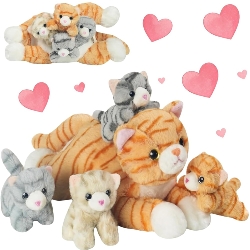 5 Pieces Cat Stuffed Animal with Babies, 1 Mommy Orange Cat Plush Toy Stuffed Cat with 4 Babies Plush Kittens, Stuffed Kitty Plush Toys for Kids Girls Boys Birthday Valentines Gifts