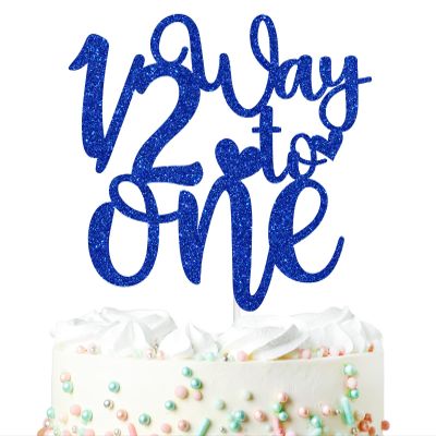 1/2 Way to One Cake Topper, Half Birthday Decor, Happy 6 Months Birthday Baby Shower Party Decorations Supplies for Kids Girls, Blue Glitter