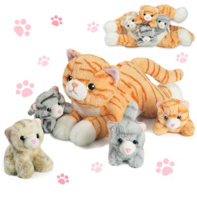 5 PCS Cat Stuffed Animal with Babies, Mommy Stuffed Orange Cat Toy with 4 Plush Kittens Inside Belly, Stuffed Kitty Plushies Toys for Kids Easter Stuffers Birthday Christmas Party Favors Gifts