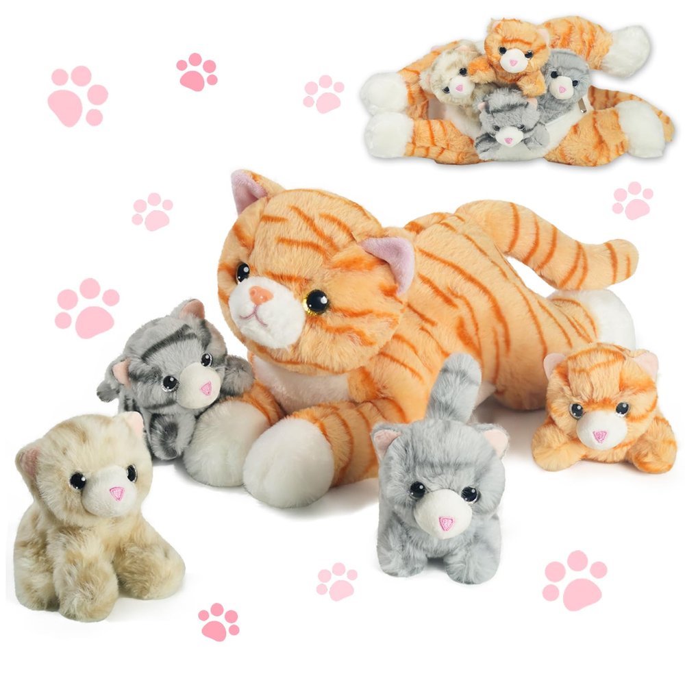 5 PCS Cat Stuffed Animal with Babies, Mommy Stuffed Orange Cat Toy with 4 Plush Kittens Inside Belly, Stuffed Kitty Plushies Toys for Kids Easter Stuffers Birthday Christmas Party Favors Gifts