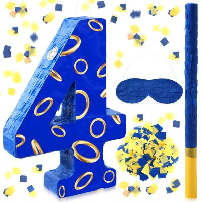 Simgoing Number 4 Blue and Golden Rings Piata for Kids Birthday Cartoon Theme Small Piata with Blindfold Stick Confetti for Fiesta Cinco De Mayo Party Decor, 15.8 x 11 x 2.8 Inch