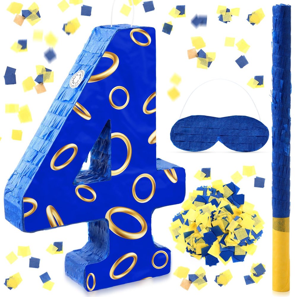 Simgoing Number 4 Blue and Golden Rings Piata for Kids Birthday Cartoon Theme Small Piata with Blindfold Stick Confetti for Fiesta Cinco De Mayo Party Decor, 15.8 x 11 x 2.8 Inch