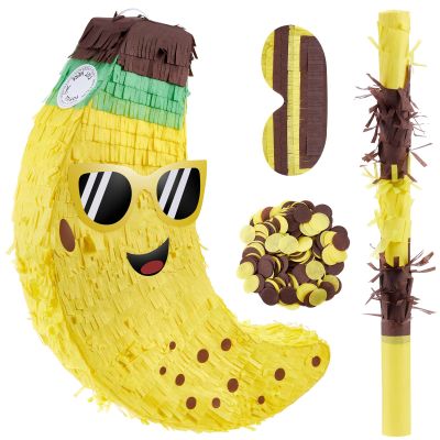 AmazingSpark 4 Pcs Banana Piata Fruit Summer Luau Party Game Supplies 17. 5inch Banana Piatas Birthday Decorations with Blindfold Bat and Confetti for Hawaiian Tropical Fiestas Carnival Party Game